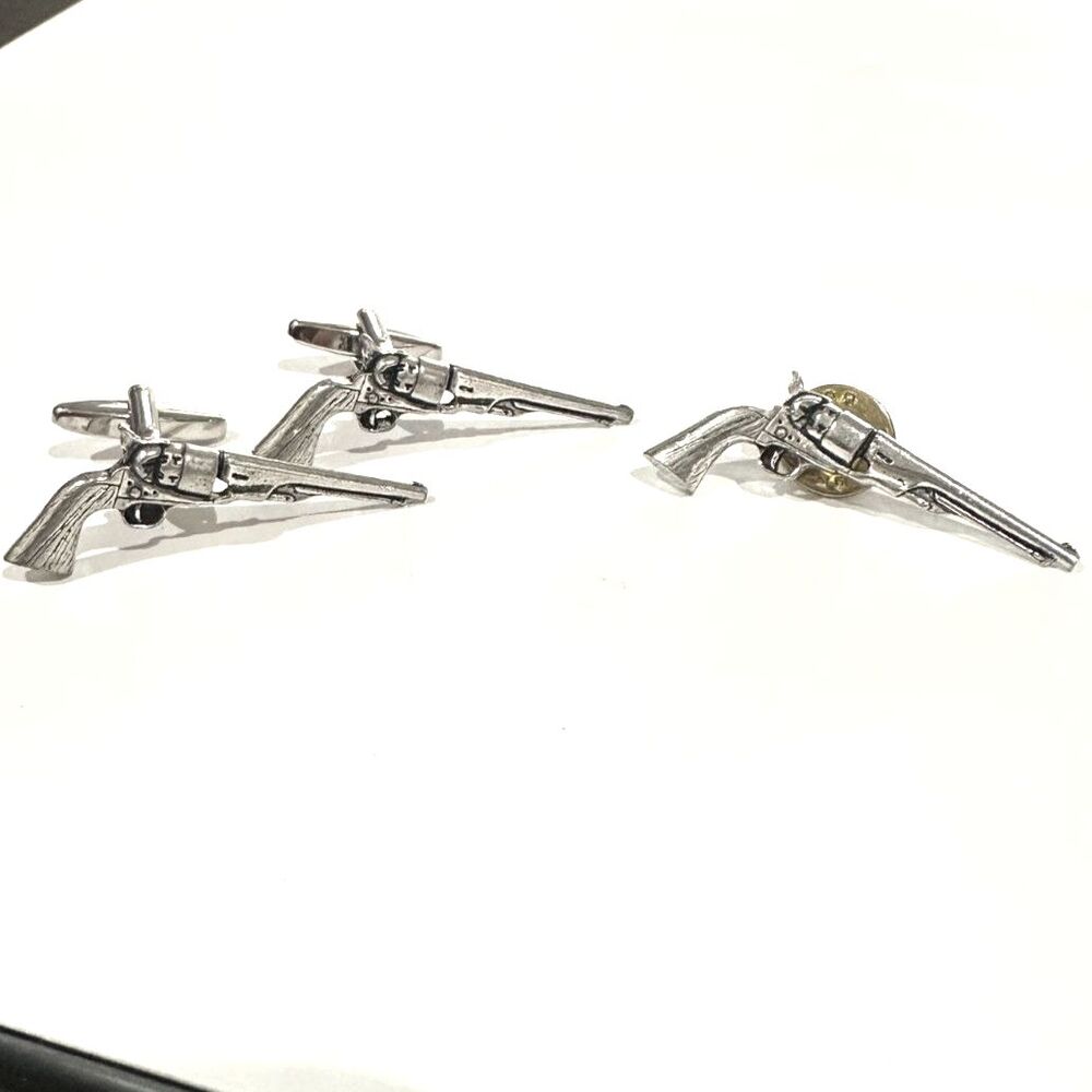 Vintage Revolver Cufflinks & Engraved Pistol Tie/Lapel Pin Set 3-Piece Set